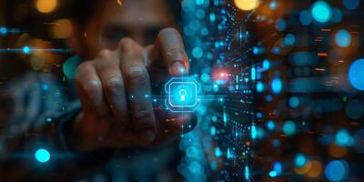 Man presses button on futuristic screen with padlock icon photo