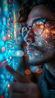 A man wearing glasses looks at a sophisticated screen photo