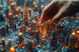 Futuristic Hand Altering an Illuminated Digital Cityscape Model with Light Effects photo