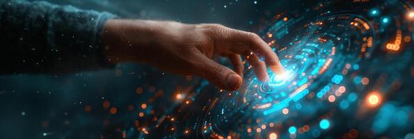 A hand is touching the screen with a galaxy in the background photo