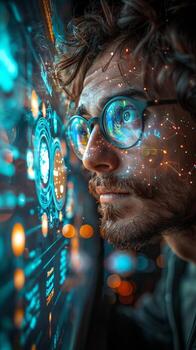 A man with glasses is observing a computer screen photo