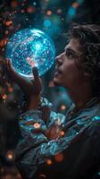 A man is seen holding a glowing orb in a mesmerizing forest illuminated by mystical lights photo
