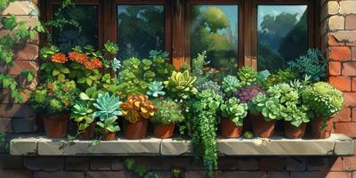 A window sill adorned with an array of potted plants against a brick wall photo