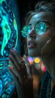 A woman with glasses is gazing at a computer screen photo