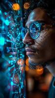 A man wearing eyeglasses is staring at a computer monitor photo