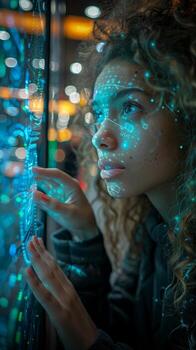 A woman intrigued by digital light displays and advanced technology, exploring future possibilities photo