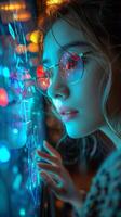 A woman wearing glasses looks at a computer display photo