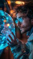 A man wearing glasses is gazing at a luminous globe photo