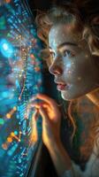 A woman is looking at a computer screen with a reflection of her face photo
