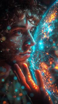 A man with a glowing sphere on his face, in a fictional setting photo