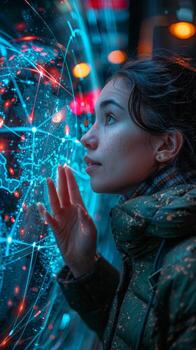 A woman is admiring a futuristic display through a window photo