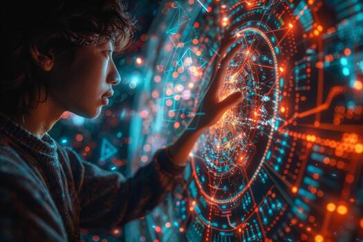 Young boy interacts with futuristic screen by touching it photo