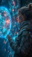 A woman is focused on a luminous sphere displayed on a monitor photo