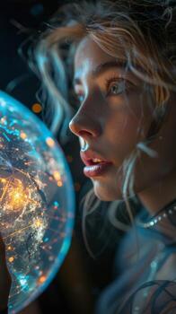 A woman holds a sphere with flash photography, eyelash, and astronomy keywords photo