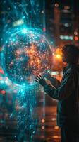 A man is standing in front of a glass wall looking at a glowing globe photo