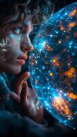 A person with sparkling facial decoration gazes at a floating sphere photo