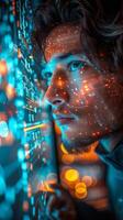 A man gazes at a screen emitting glowing dots, his face illuminated by the light photo
