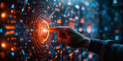 A person presses a button on a futuristic screen with their finger photo