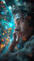 Man with glitter on face looks through bubble in underwater scene photo