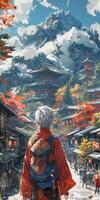 A man in a kimono walks on a street in front of a mountain photo