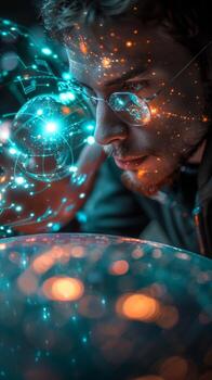 A mans face illuminated by glowing lights in the darkness photo