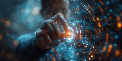 A man is interacting with a hightech display using his hand photo