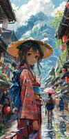 Pixel art of girl in kimono and straw hat walking down street photo