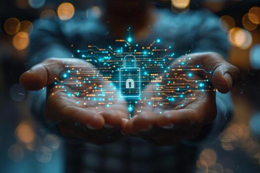 un persona es participación un digital candado en su manos en bajo Encendiendo condiciones foto