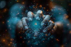 Person holds digital padlock with space art background photo