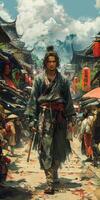 Samurai in traditional attire in a vibrant street in Japans historical setting photo