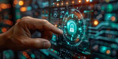 Cybersecurity involves using digital interfaces to protect and secure data online photo