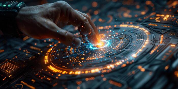 Person interacts with futuristic screen in watery, gassy, hot, tech setting photo