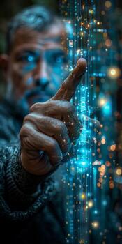 A man is gesturing towards a digital screen in the dark photo