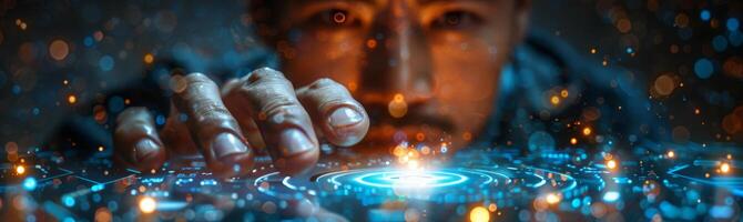 A man is using his finger to interact with a hightech display photo