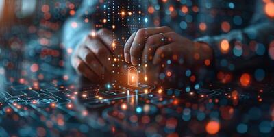 Hands on computer screen with automotive lighting and city backdrop photo