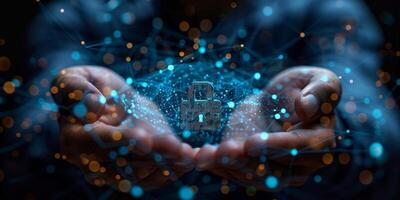 A person is demonstrating a digital padlock with their hands photo