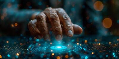 Futuristic technology hand interacting with a digital interface illuminated by glowing lights photo