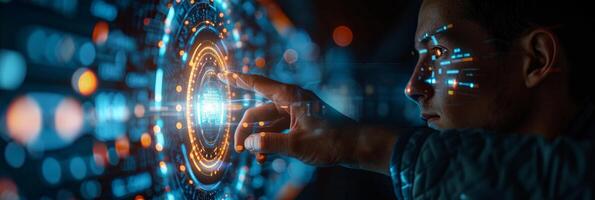 Man pressing button on futuristic screen with flash and automotive lighting photo