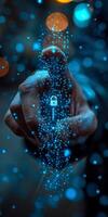 In the image, a person is grasping a key featuring a padlock design photo