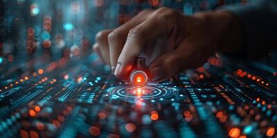 A persons hand pressing a button on a computer screen photo