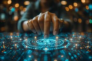 A person is interacting with a futuristic screen using their finger photo