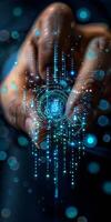 Person holding hightech screen with futuristic graphics photo