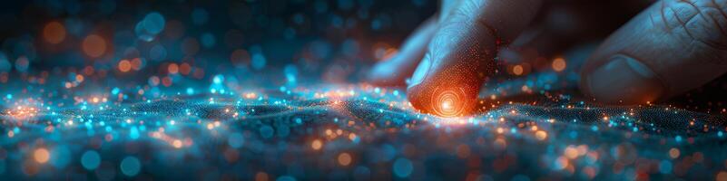 A persons outstretched finger points at a luminous object photo