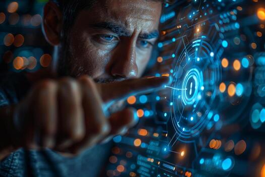 un hombre puntos a un alta tecnología pantalla con un llave símbolo foto