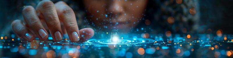 A woman is using her finger to touch a padlock displayed on a screen photo