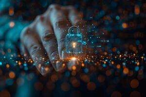 Cybersecurity protection concept with digital lock system and hand symbolizing security photo