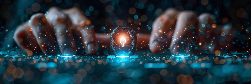 Person typing on keyboard with light bulb from hands photo