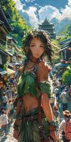 A stylish woman blends into a vibrant city market scene in a traditional Asian town setting photo