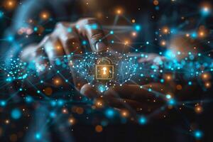 Person holding digital padlock with sky and astronomical objects photo