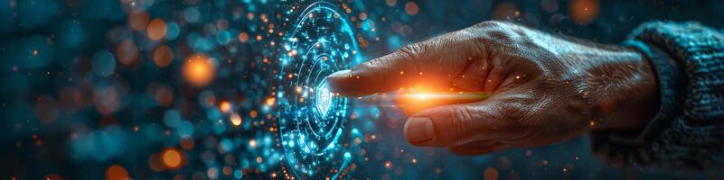 A hand is pushing a button that emits a glowing light photo